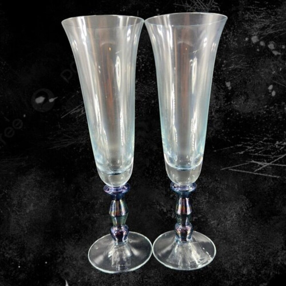 Romania Turda Champagne Flute‎ Drinking Glasses Splash Glass Chrome Bottom Set 2